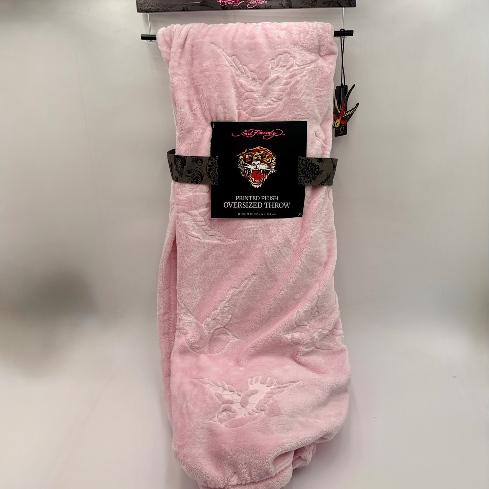 Ed Hardy Pink Plush Oversized Throw Blanket Embroidered Birds Sparrow Tiger Logo